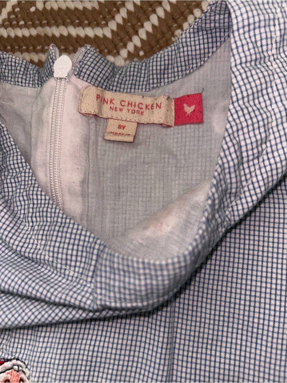 Pink Chicken Blue Check Santa Embroidered Long-Sleeve Dress - Picture 5 of 5